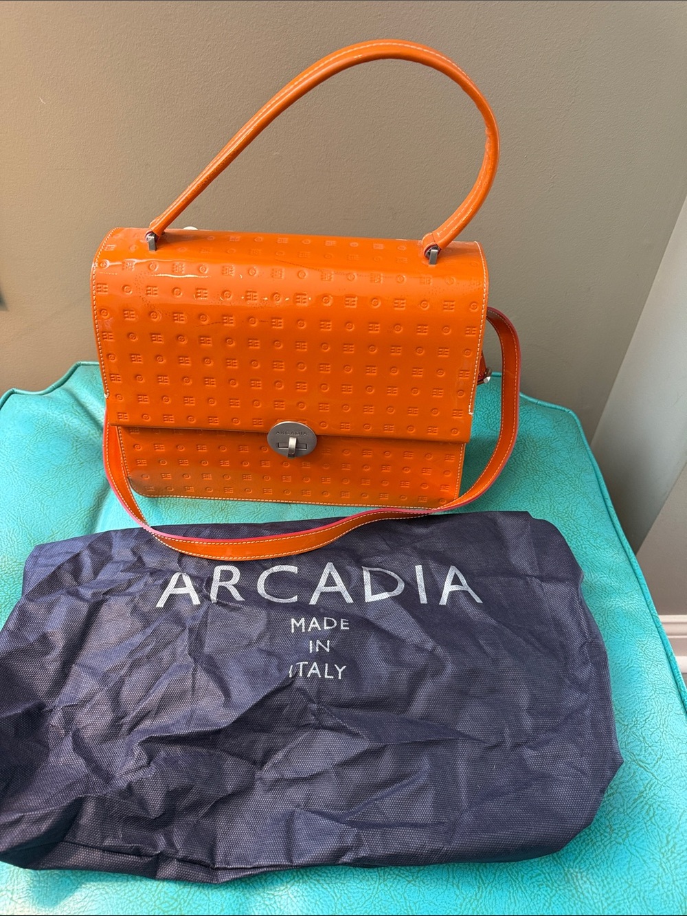 Large Arcadia Bright Orange Patent Leather Satchel bold statement structured